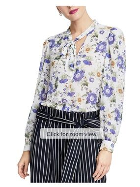 RACHEL Rachel Roy White Floral Tie-Neck Blouse with Purple and Tan Flowers